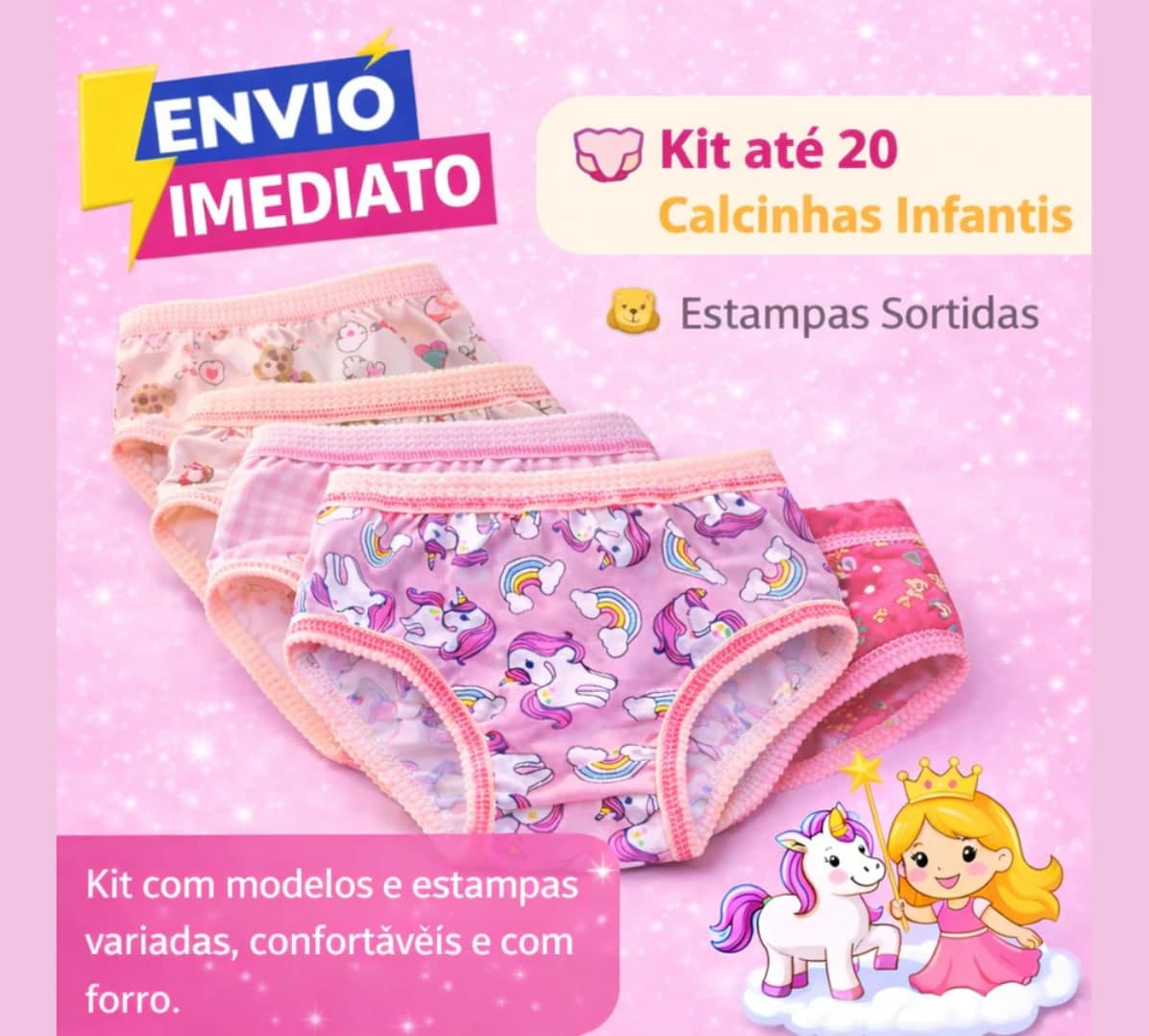 Kit Até 20 Unidades de Calcinha Infantil (1 a 7 anos, Diversas cores)
