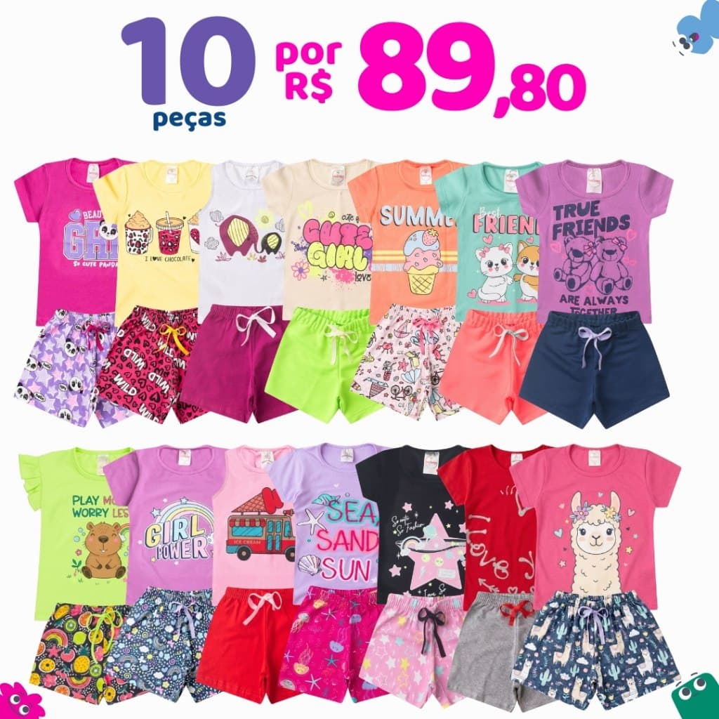 Kit 10 Peças Roupas Infantil Menina Sortido Verão - 5 Camisetas + 5 Shorts - Criança Feminina